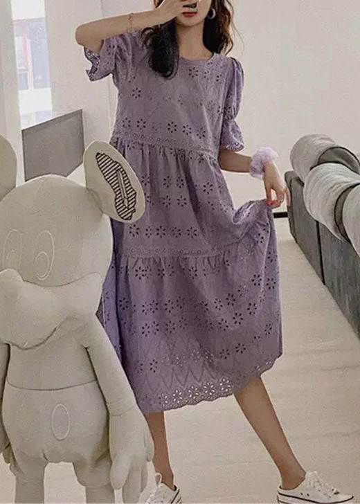 Embroidered Cutout Cotton Bubble Sleeve Dress
