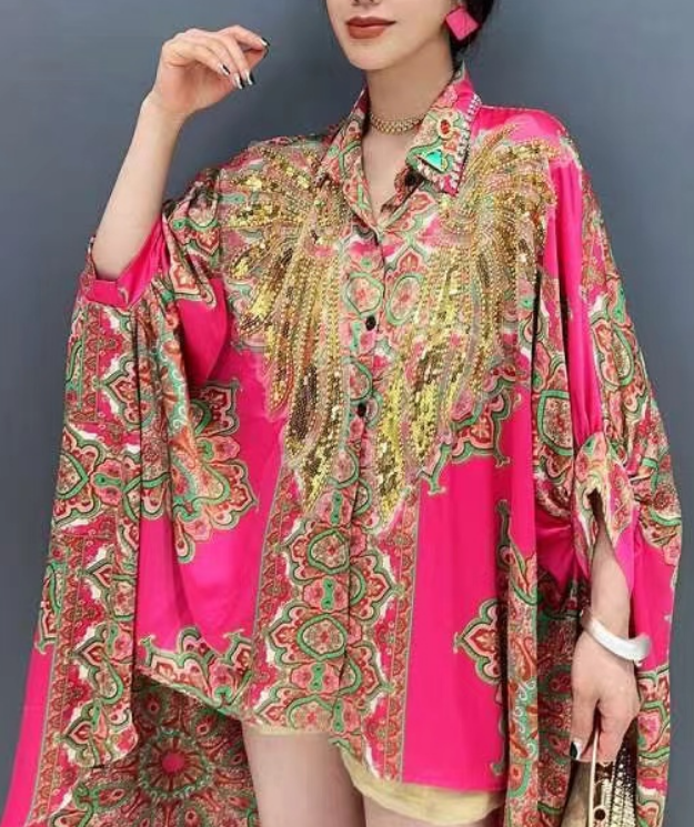 French Nail Bead Print Silk Irregular Blouse Batwing Sleeve Top