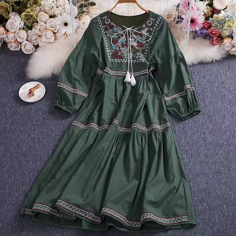 Bohemian Tie Embroidered Sun Screen Long Sleeve Patchwork Dress