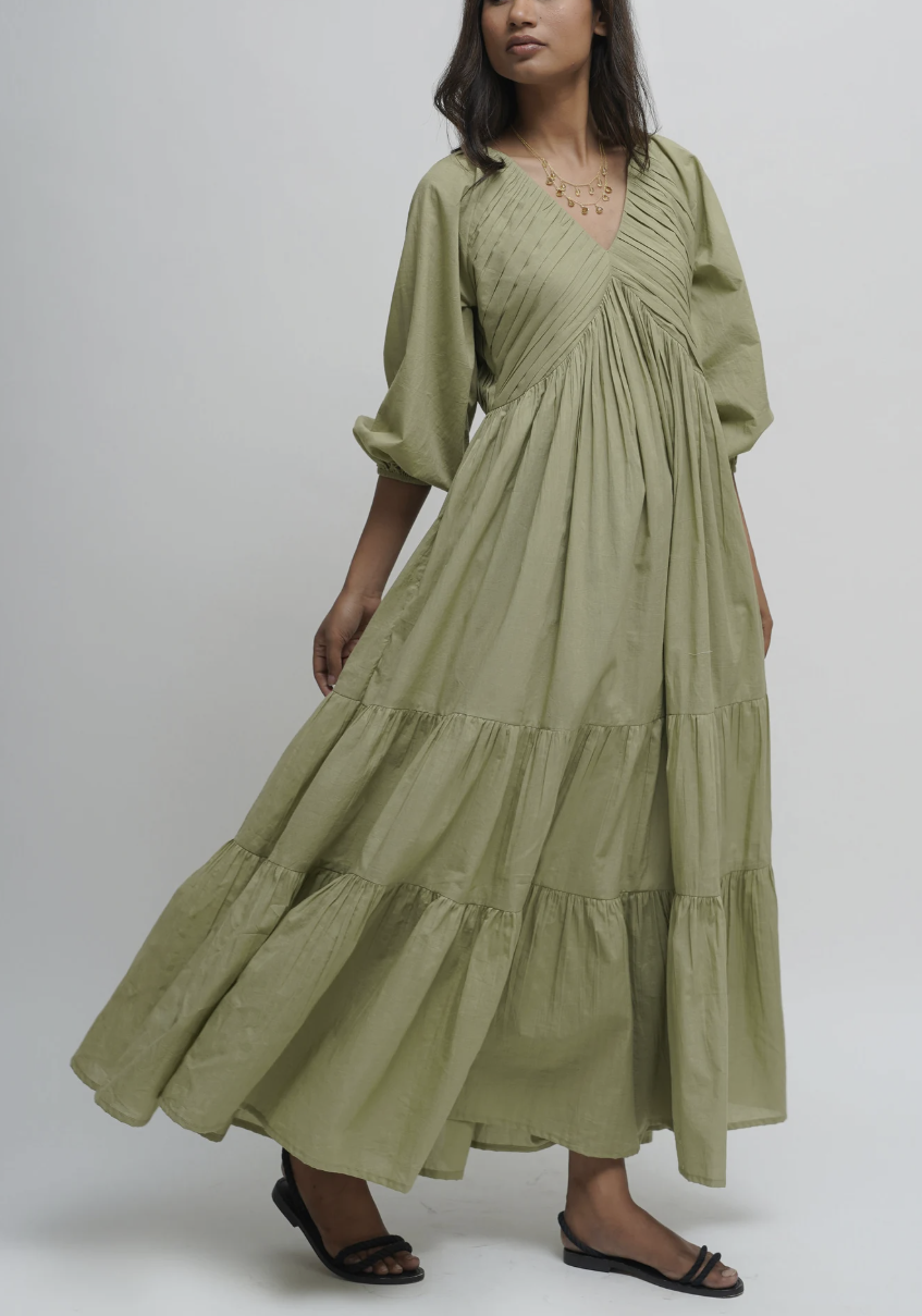 Beach Organic Cotton Pleated Maxi Dress, Green Layered Dress, Boho Corset Tunic with Pockets, Comfortable Loose Fit, Plus Size