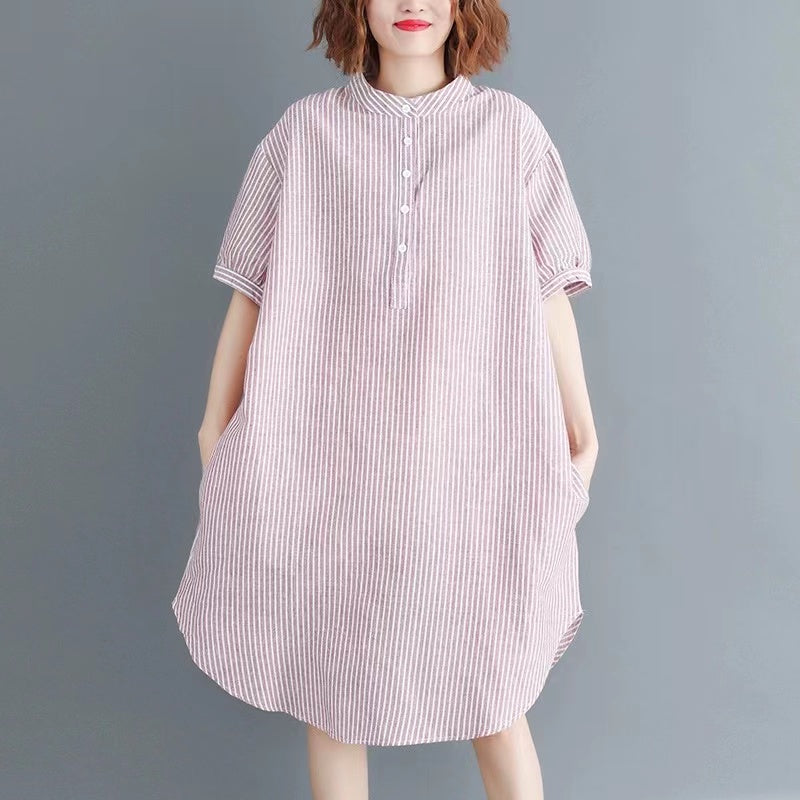 Chic Collar Button Down Short Sleeve Striped Dress