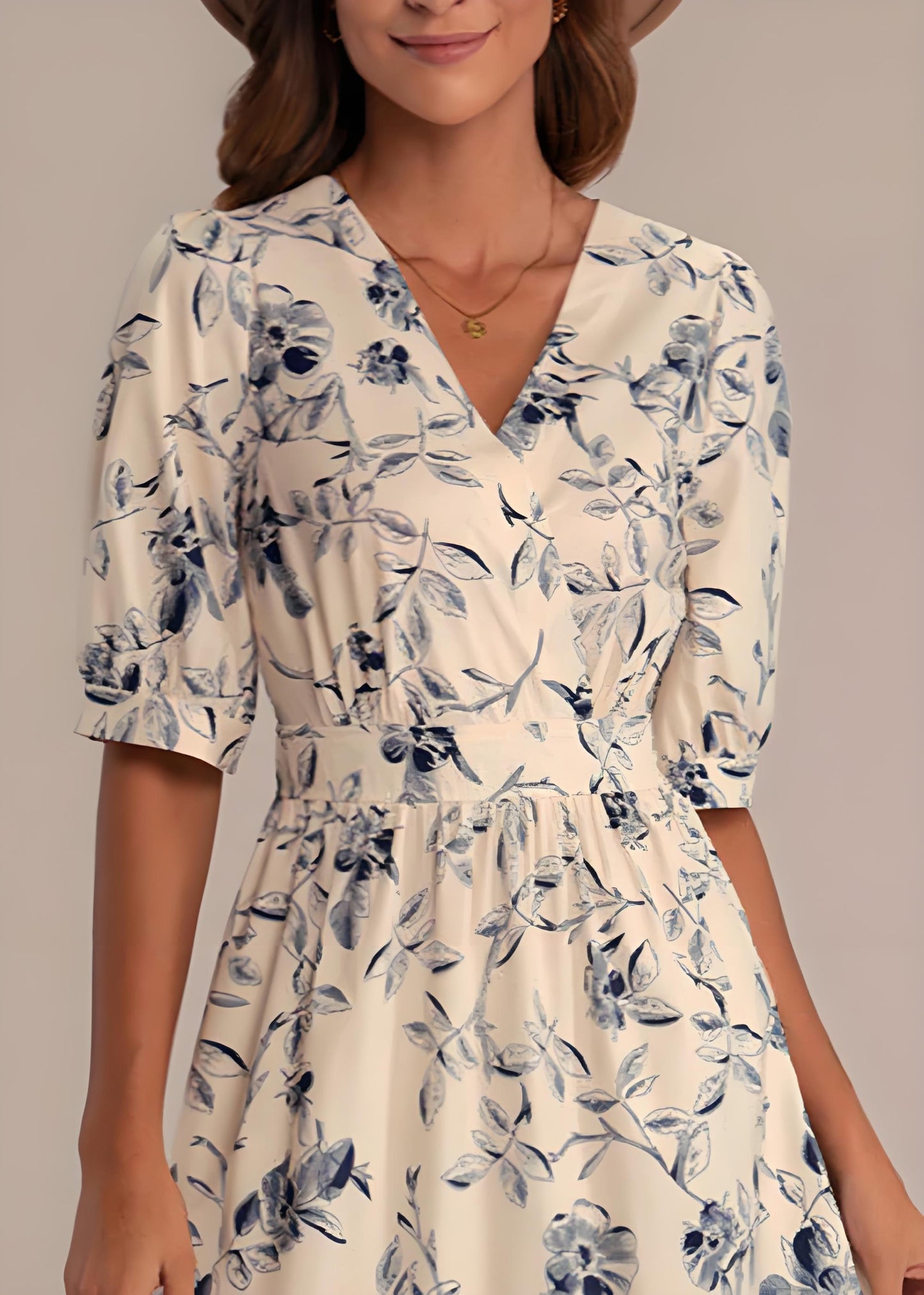 Women's V-Neck Printed High Waisted Cotton Dress