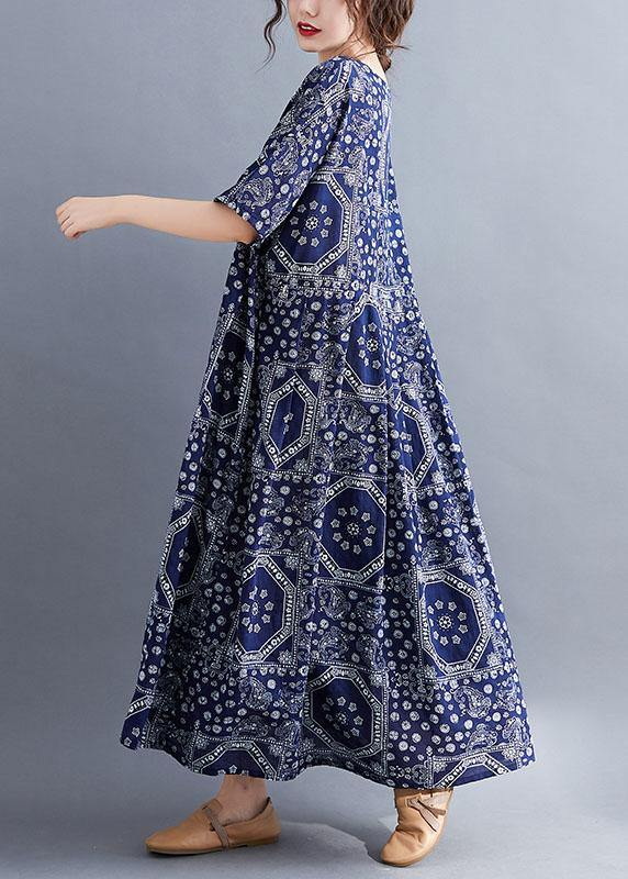 French large hem printed dress cotton linen