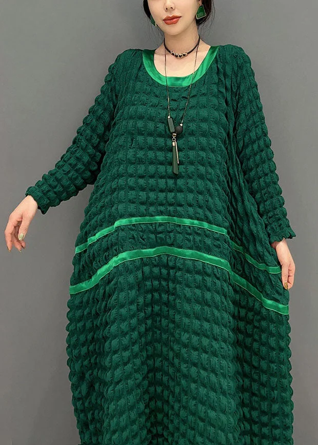 Women's Italian Green Round Neck Long Sleeve Patchwork Dress Spring