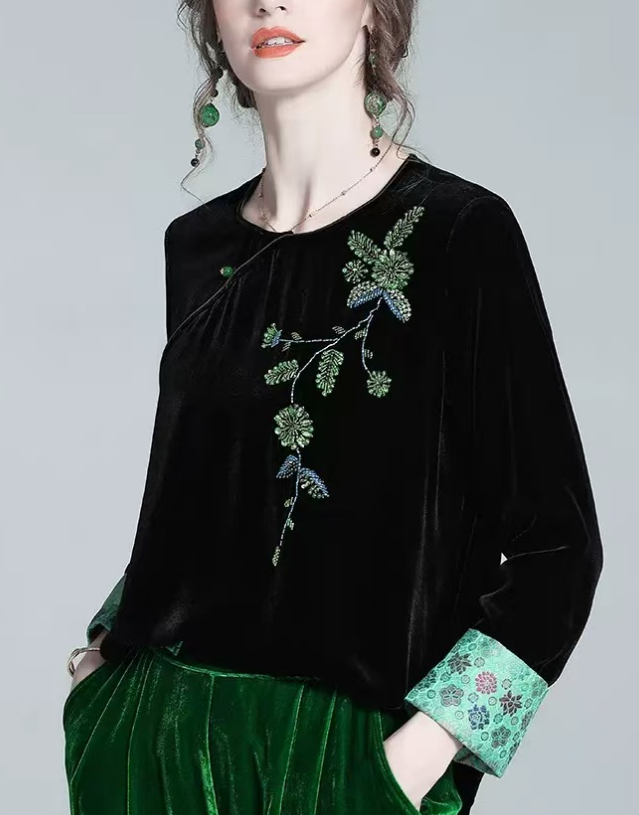 Women's Loose Asymmetric Velvet Patchwork Long Sleeve Top
