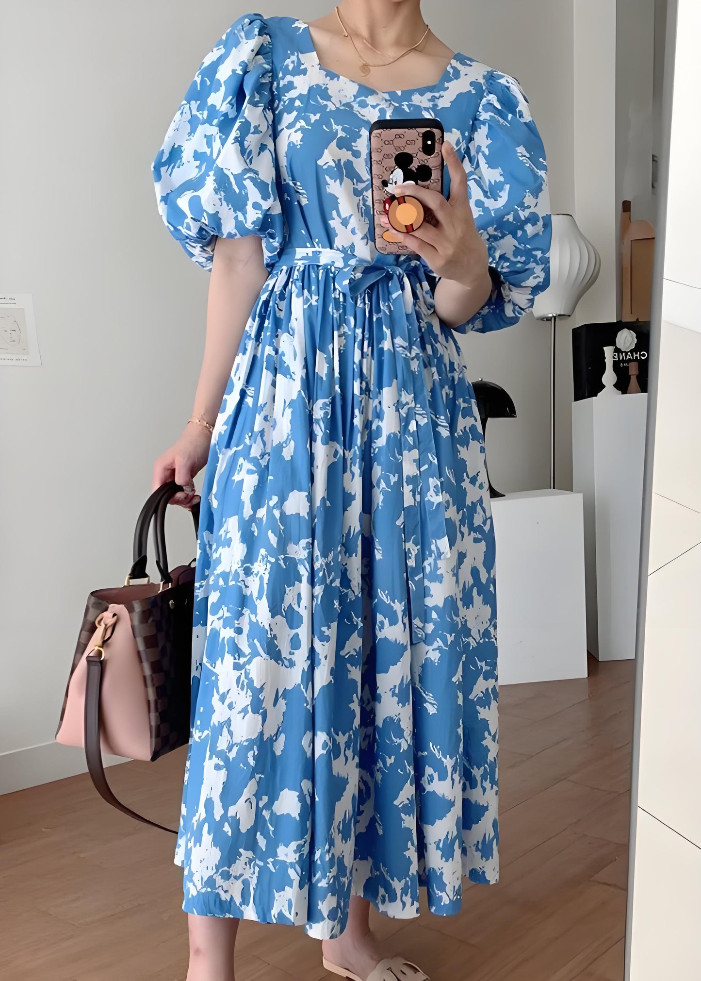 Women's Italian Blue Tie Waist Cotton Long Dress Square Neck Bubble Sleeve Spring