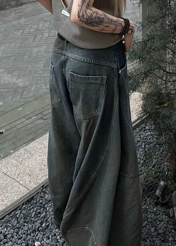 Dark Gray Ripped Pocket Denim Wide Leg Pants