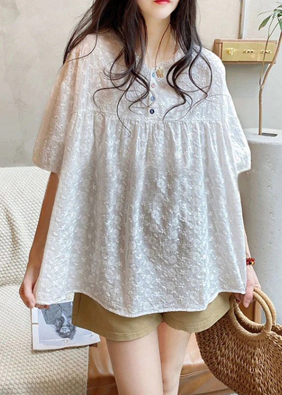 Elegant Round Neck Lace Patchwork Blouse Short Sleeve Top