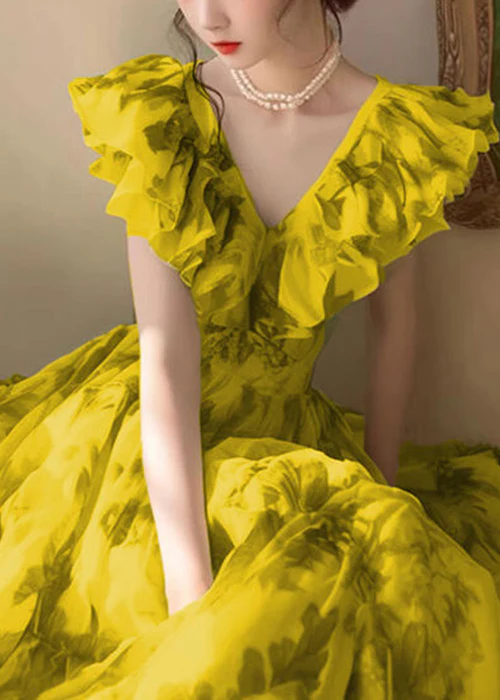 Women's Italian Yellow V-Neck Printed High Waist Sleeveless Dress Spring Summer