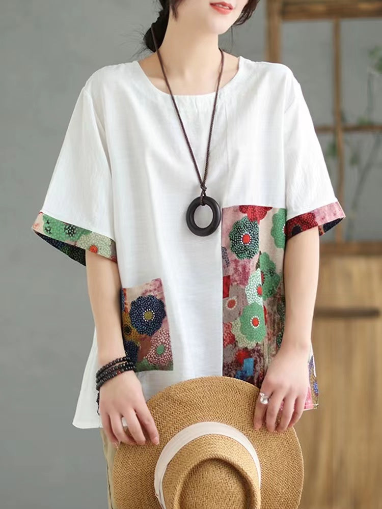 Casual Printed Spliced Round Neck Short Sleeve T-Shirt Top