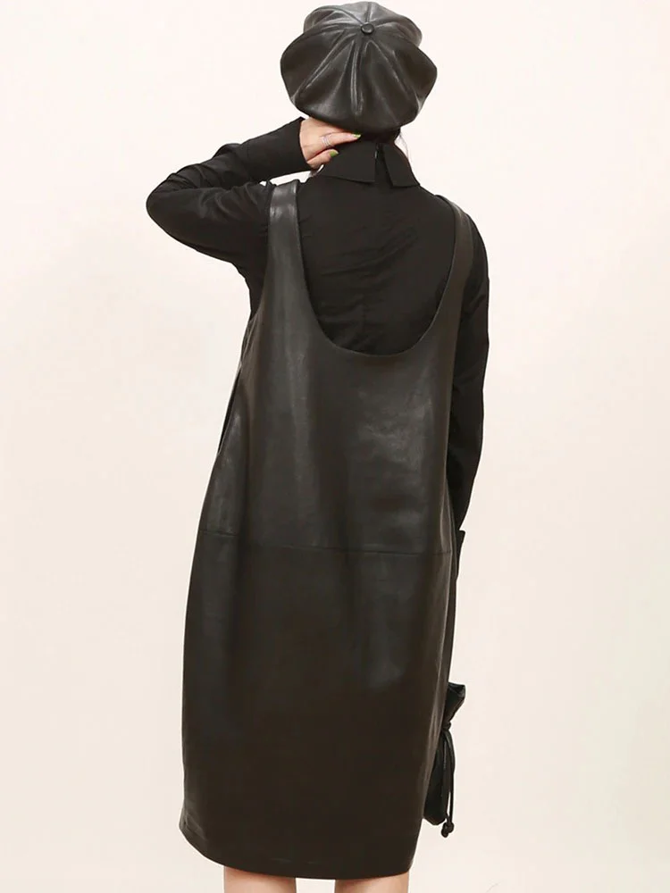 Women's loose U-neck spliced imitation leather suspender dress