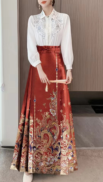 Elegant High Waist Blue Printed Pleated Skirt