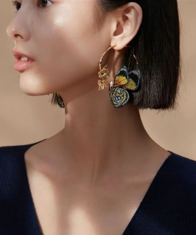 Gold Pure Crystal Embroidered Butterfly Hoop Earrings