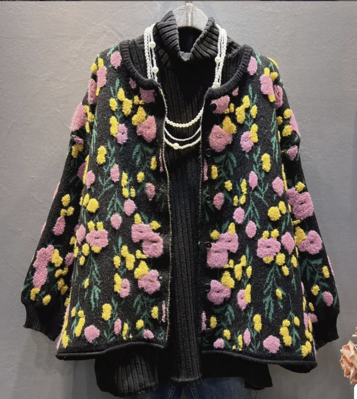 Women's Purple Floral Pattern Button Down Sweater Long Sleeve Jacket