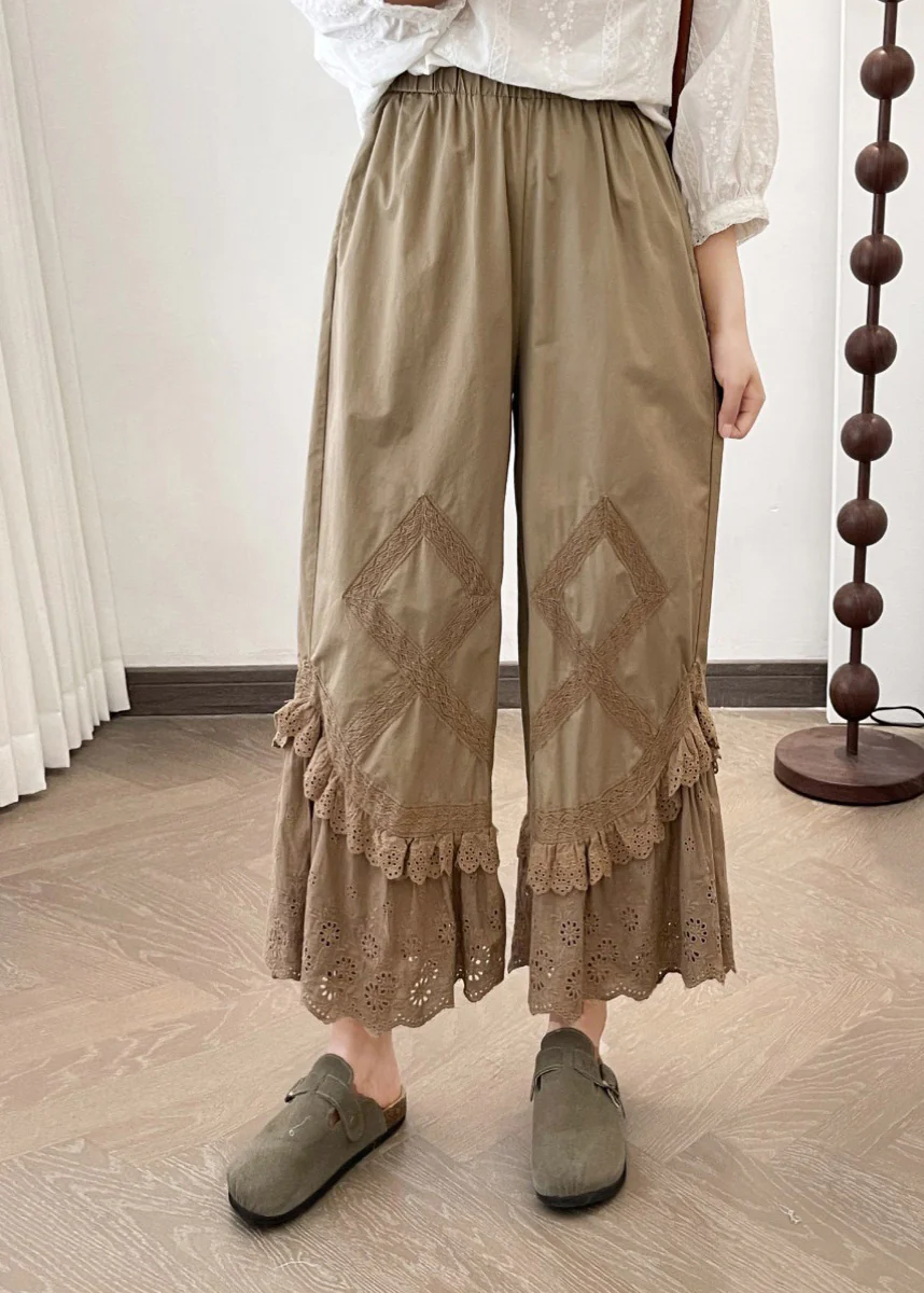 New Apricot Lace Patchwork Wide Leg Pants