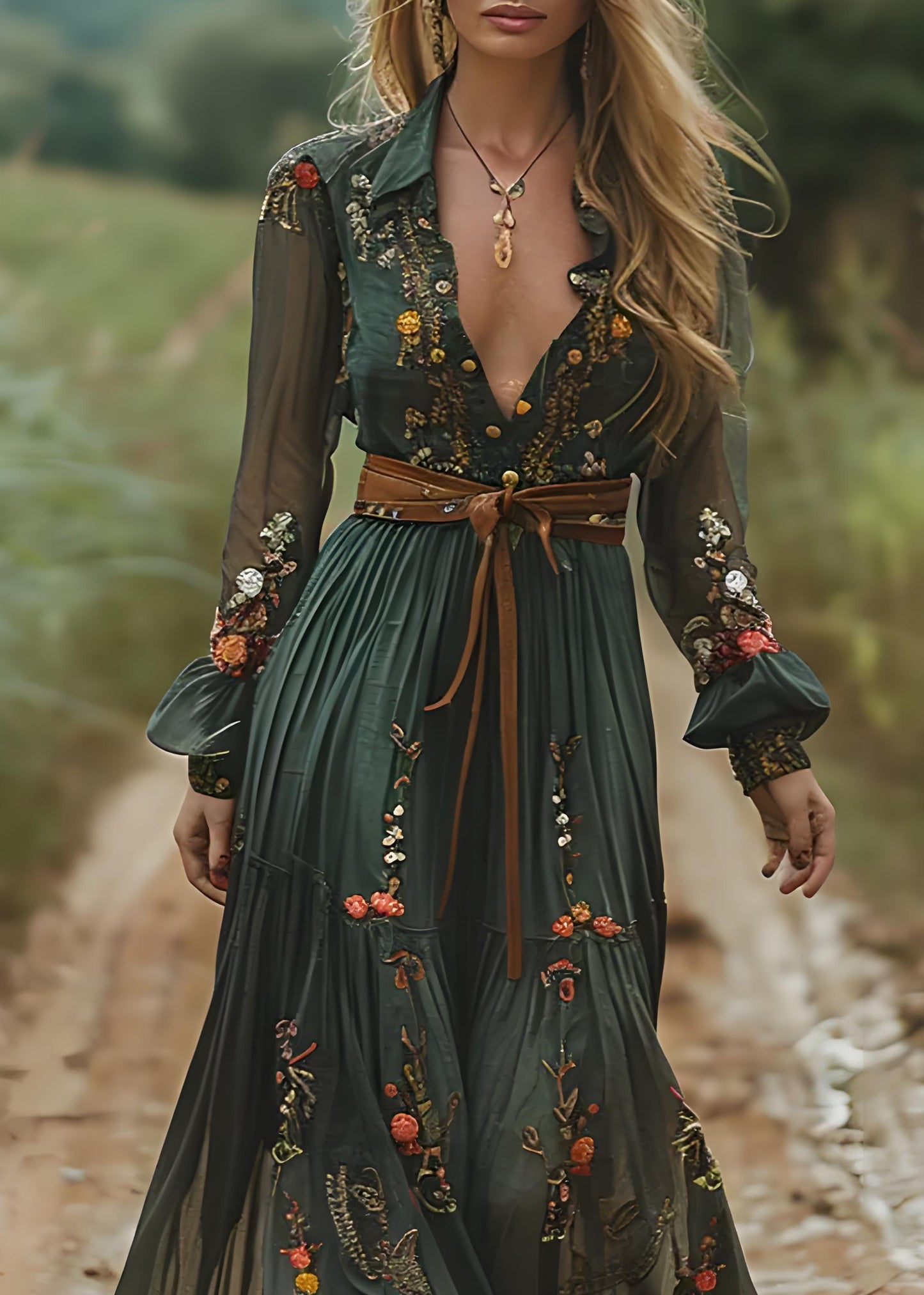 Women's Boho Green Peter Pan Collar Printed Ruched Cotton Long Dresses