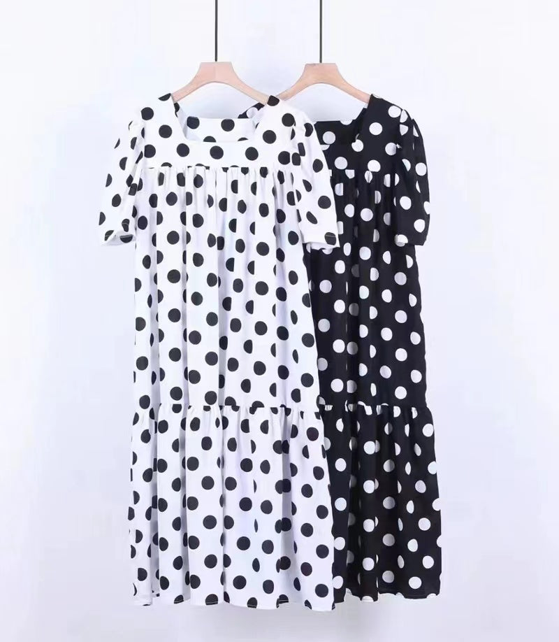 Plus Size Polka Dot Square Neck Short Sleeve Long Dresses