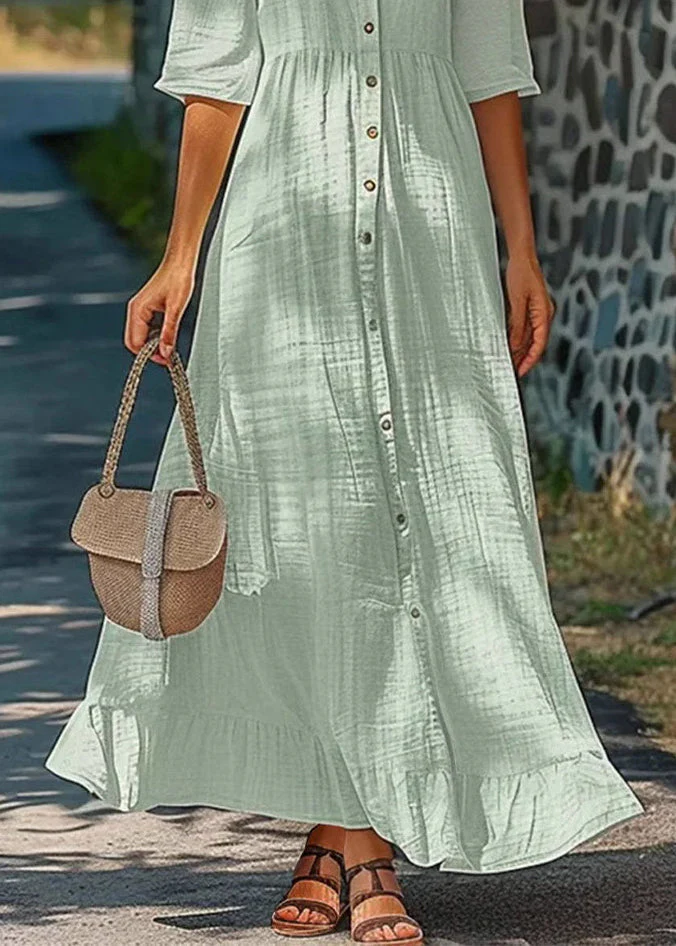 Women's Travel Green Button Cotton Half Sleeve Shirt Dress