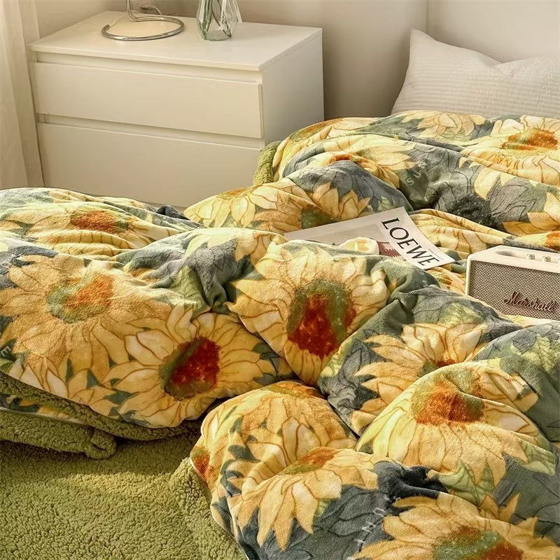 Sunflower Floral Lambswool Mink Bedding Winter