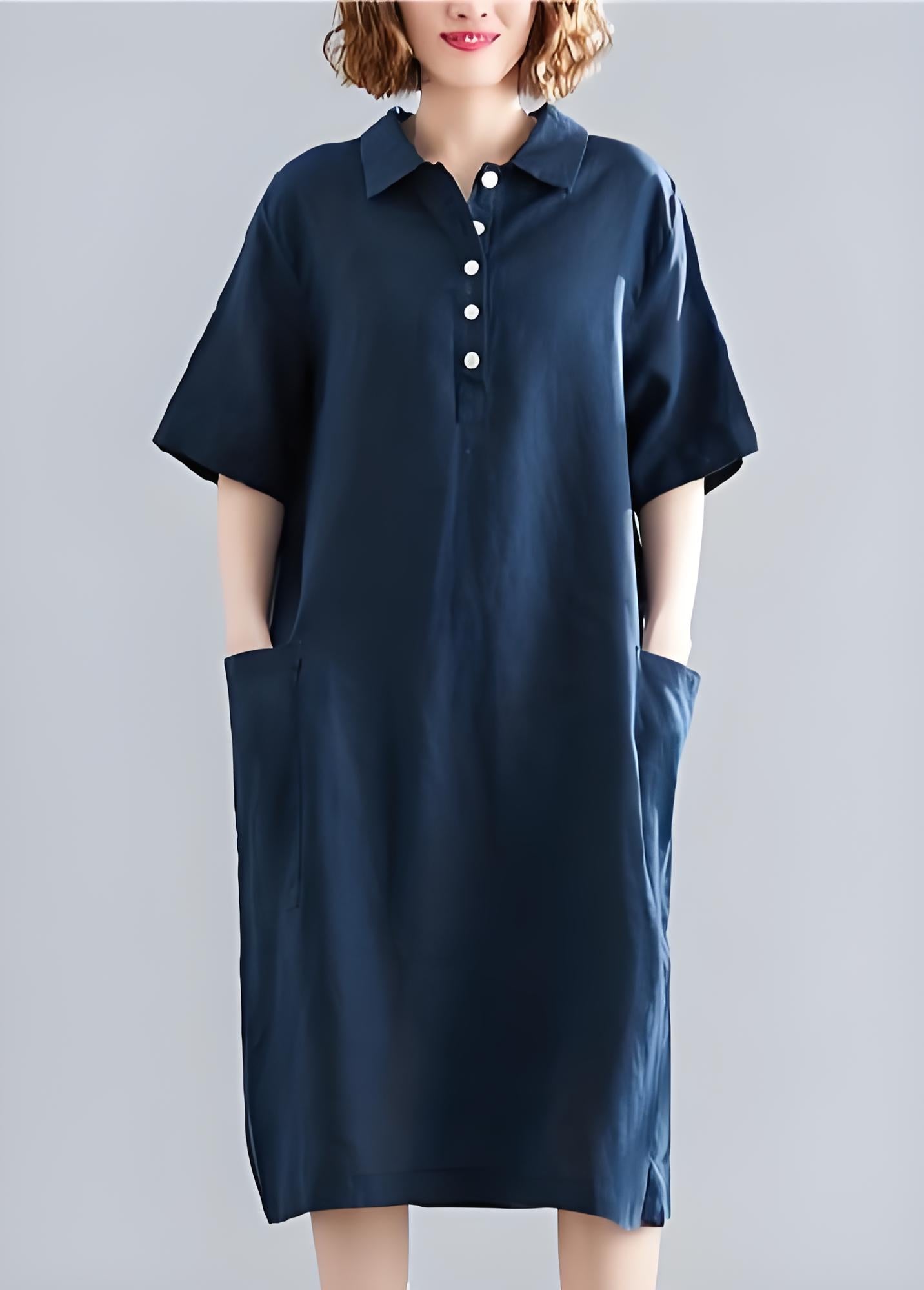 Italian Navy Cotton Lapel Pocket Plus Size Dress
