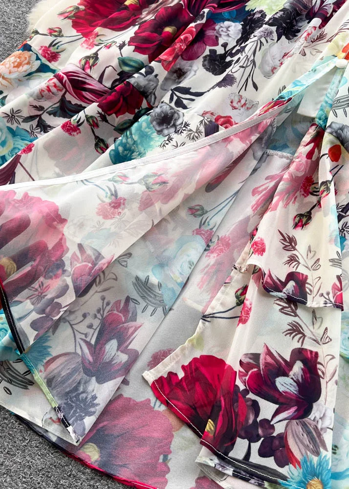 Women's V-neck Printed Elastic Waist Chiffon Long Skirt Spring
