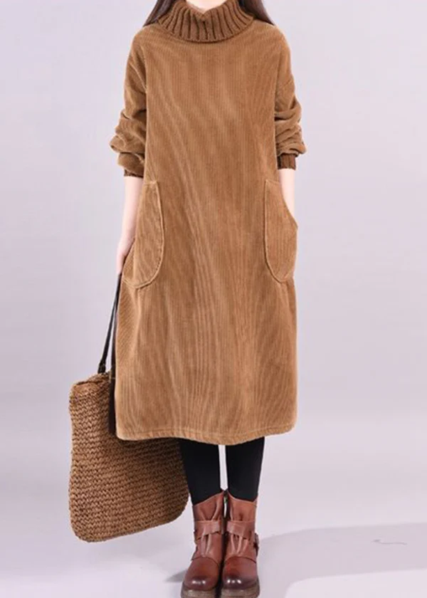 Women's Plus Size Patchwork Thick Corduroy Dress High Neck Long Sleeve