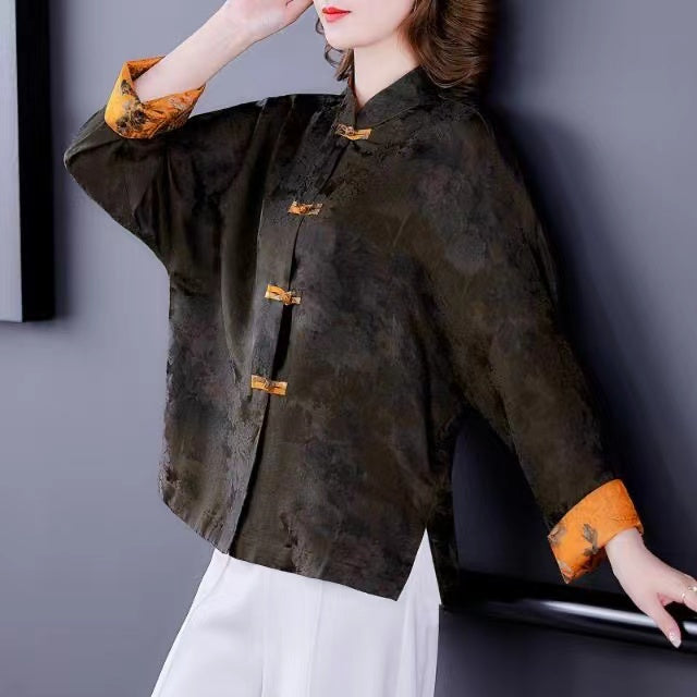Fashion Standing Collar Printed Button Side Opening Silk Long Sleeve Coat