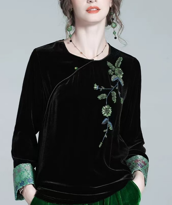 Women's Loose Asymmetric Velvet Patchwork Long Sleeve Top