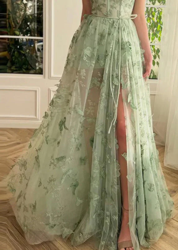 Women's Party Green Butterfly Side Split Tulle Sleeveless Long Dresses