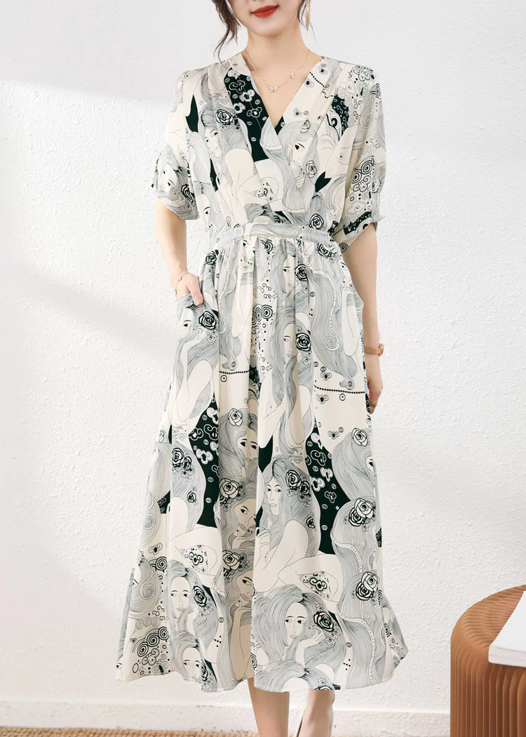 Elegant V-Neck Printed Waist Tie Chiffon Long Dress