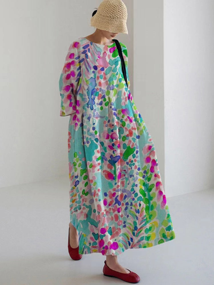 Loose Round Neck Printed Linen Cotton Spring Dresses