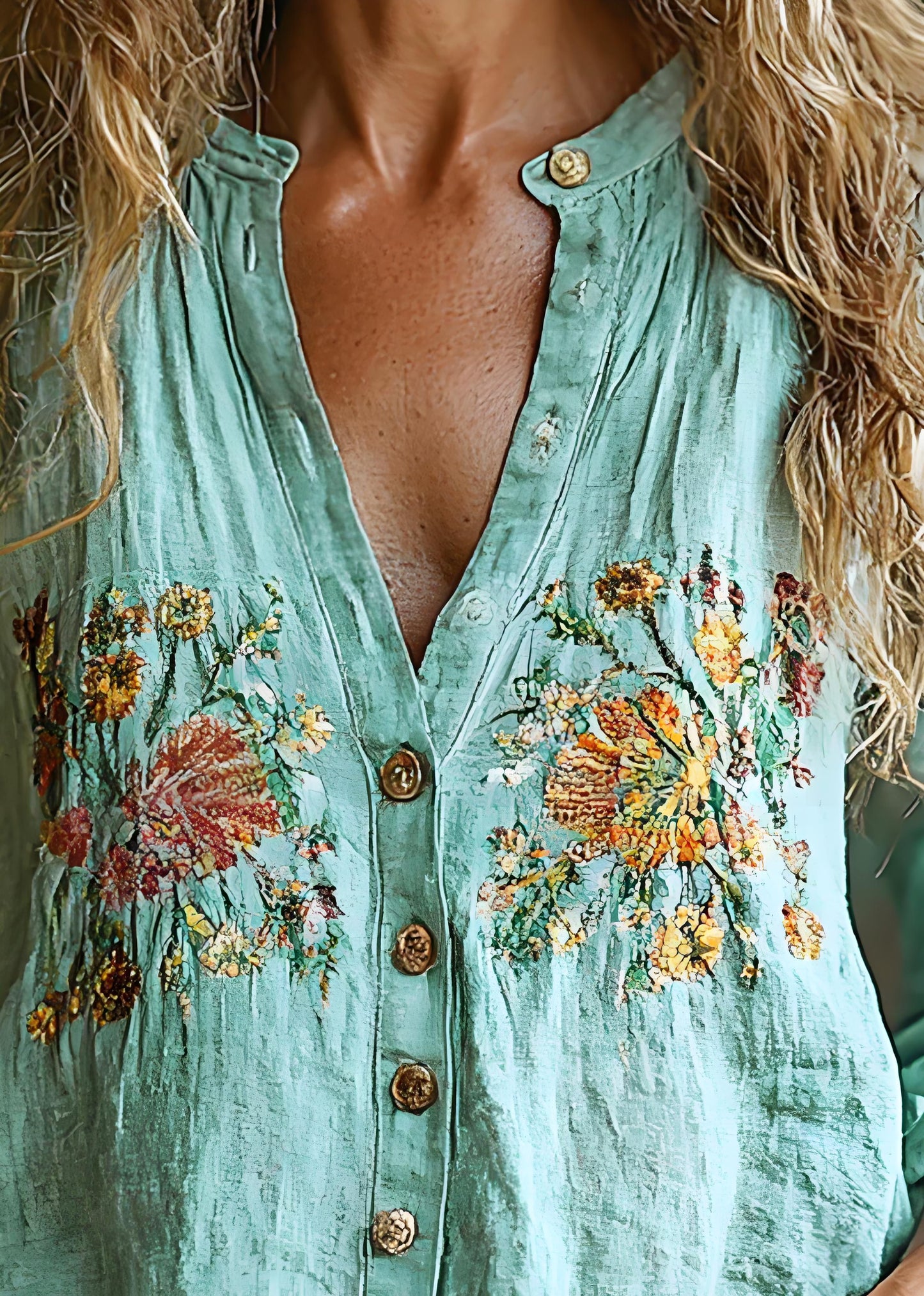 Women's Linen Purple Round Collar Floral Print Button Long Sleeve Patchwork Color Clash Shirt