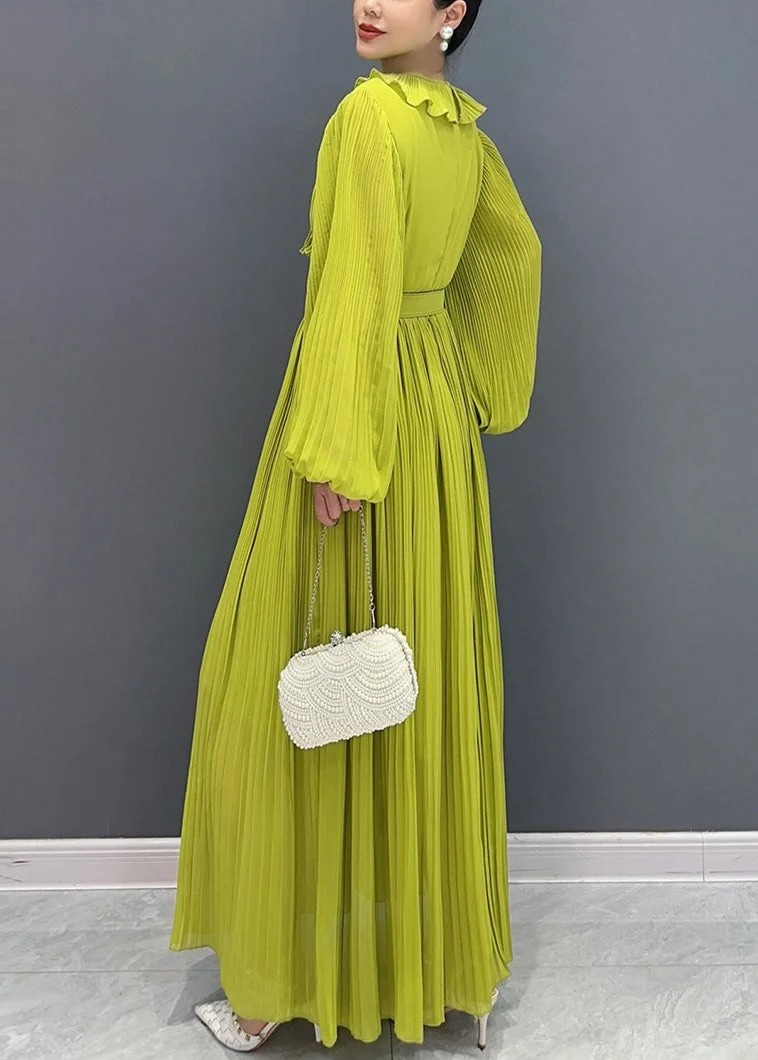 Women's Green V Neck Pleated Cotton Long Sleeve Dress Spring
