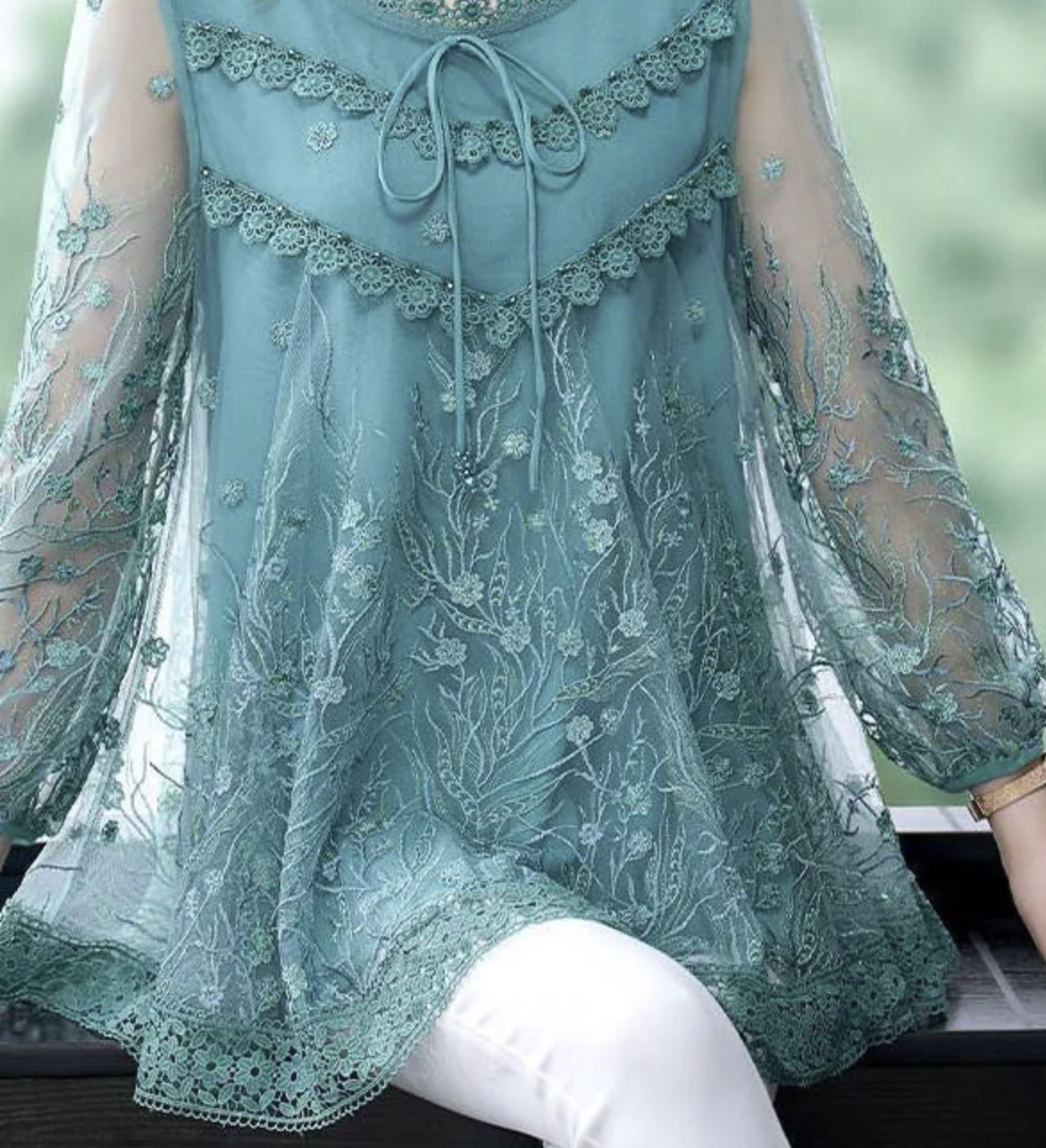 Elegant Organic Pink Embroidered Patchwork Tulle Top
