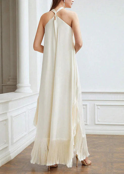 Women's Beige Fringed Strapless Sleeveless Dress Cocktail Dresses