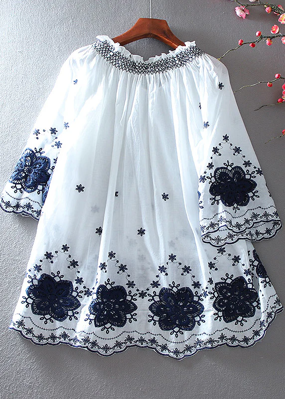 Women's Slim White Embroidered Cotton A-line Top