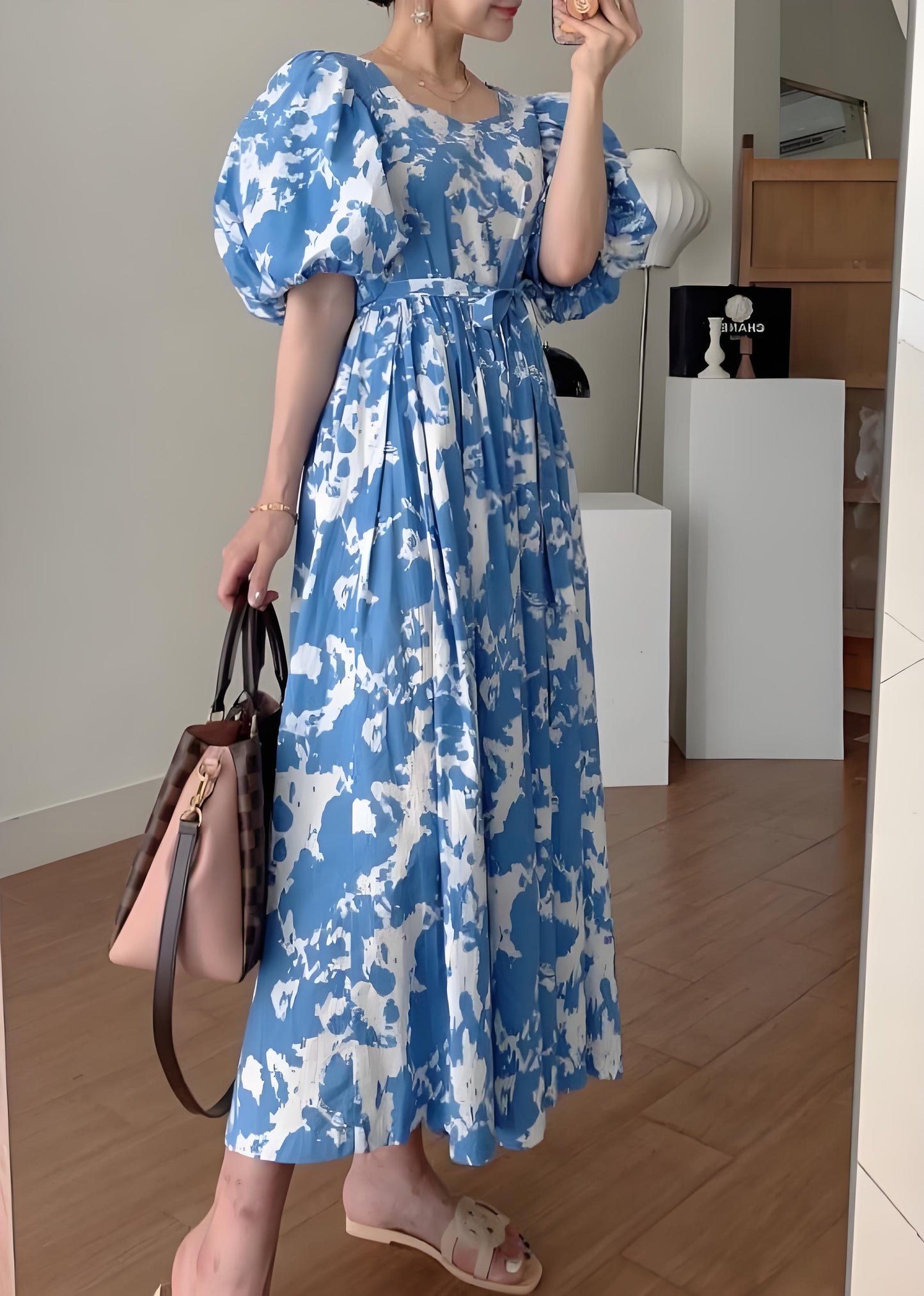 Women's Italian Blue Tie Waist Cotton Long Dress Square Neck Bubble Sleeve Spring