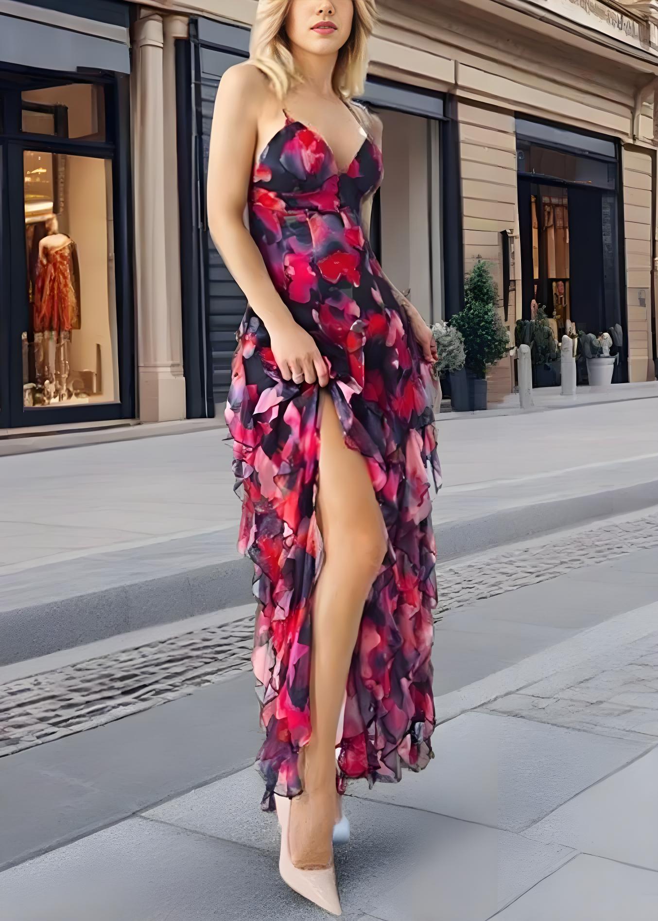 Women's Blue Printed Tie Side Split Spaghetti Strap Sleeveless Party Beach Dresses
