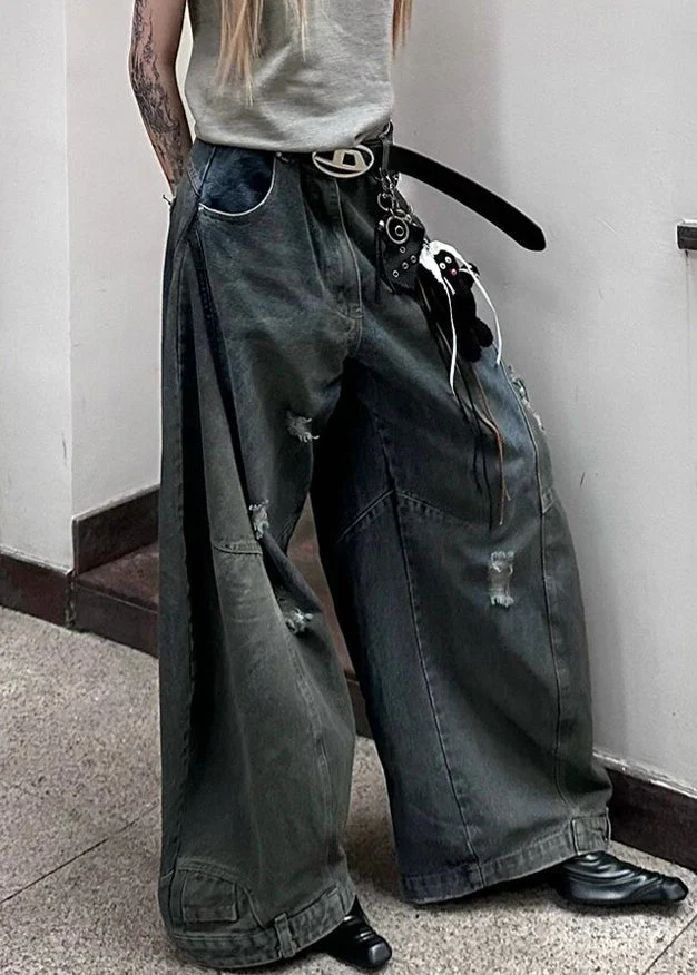 Dark Gray Ripped Pocket Denim Wide Leg Pants