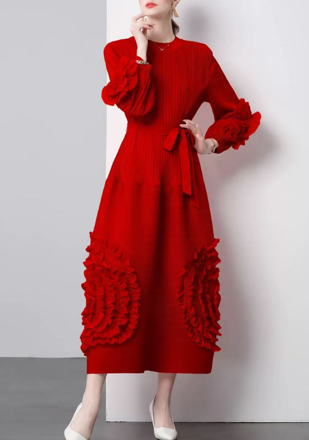 Women's Plus Size Round Neck Pleated Floral Bubble Sleeve Dresses
