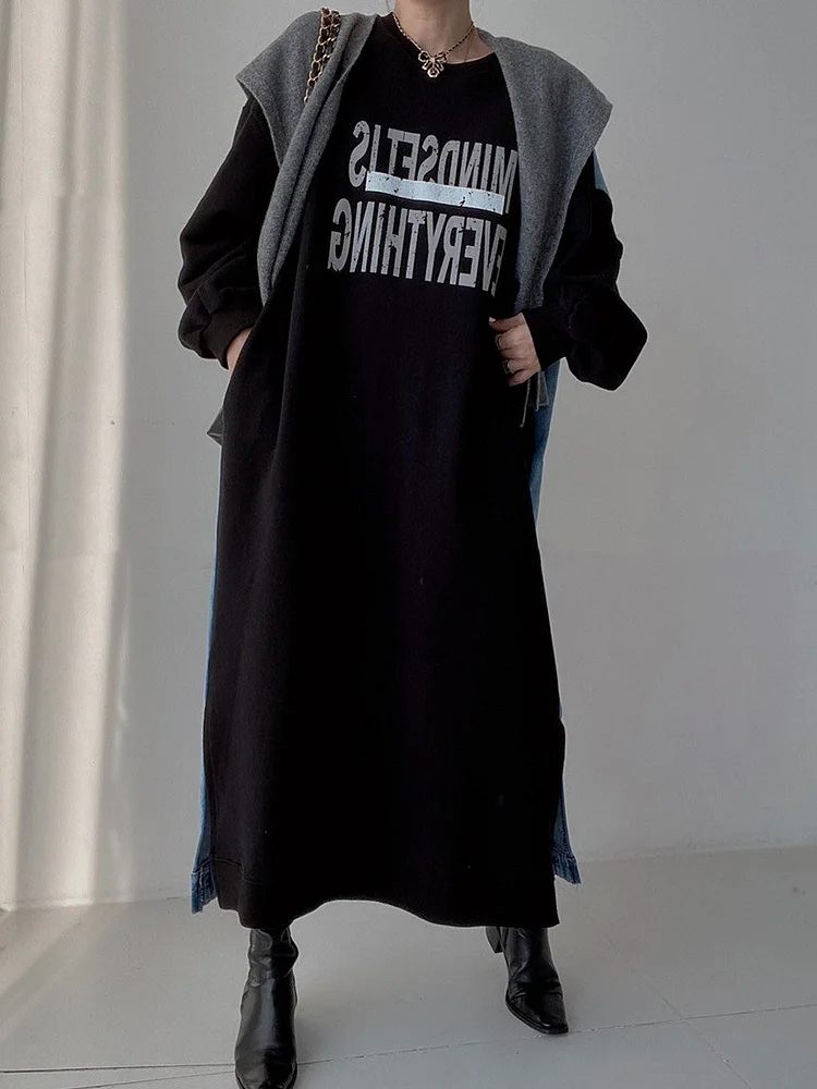 Women's Big Size Fashion Letter Printed Denim Patchwork Long Sleeve Sweatshirt Dress Spring