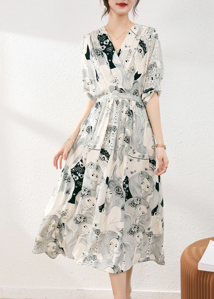 Elegant V-Neck Printed Waist Tie Chiffon Long Dress