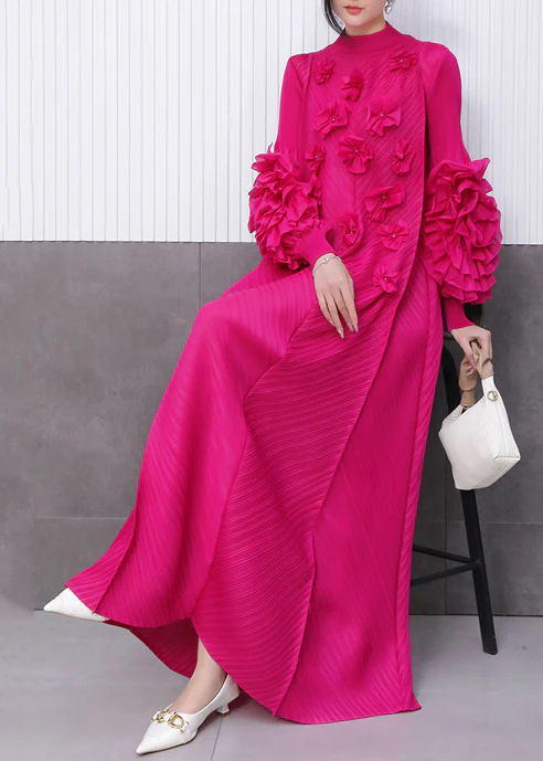 Rose Stand Collar Floral Decorated Long Dresses Summer