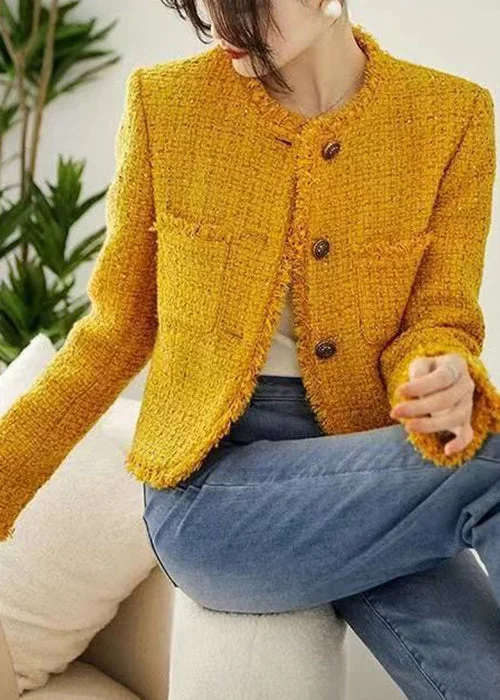 Women's Party New Yellow O Neck Button Pocket Cotton