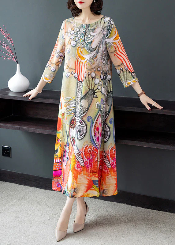 Women's Peacock Pattern Round Neck Printed Silk Vacation Dress Long Sleeve