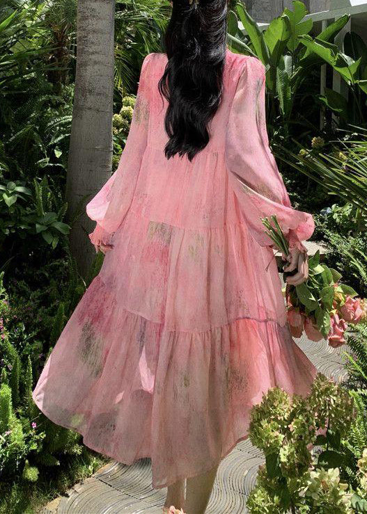 Women's Original Pink Ruffle Tie Splicing Chiffon Long Sleeve Dress Party