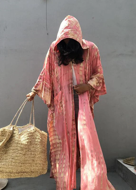 Pink Hooded Printed Cotton Loose Cardigan