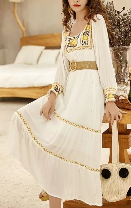 French Square Neck Long Sleeve Embroidered Color Clash Dress