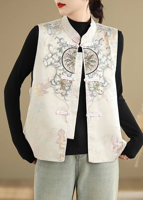 Chinese Original Apricot Embroidered Cotton Vest Sleeveless