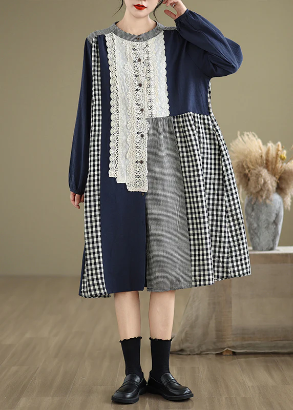 Round neck lace patchwork plaid maxi dress